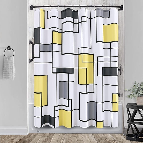 Yellow Fabric Shower Curtain Set Black and White Bathroom Decor/Accessories, Waterproof Fabric Polyester Bath Curtain for Bathroom, Durable and Washable Shower Curtain with Hooks