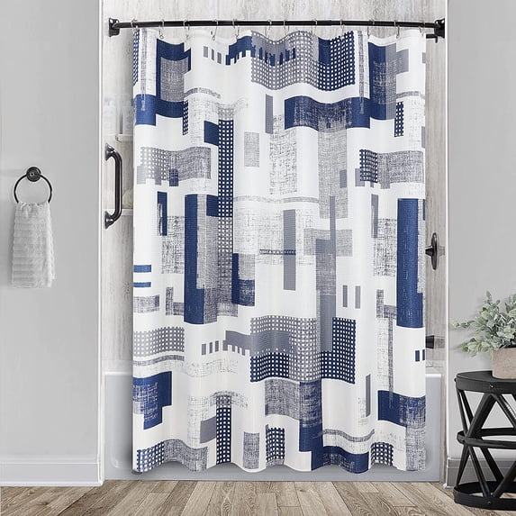 Modern Geometric Shower Curtain Blue, Waterproof Shower Curtains and Polyester Bath Curtain for Bathroom, Textured Fabric Shower Curtain Set with 12 Hooks, Machine Washable, 72 x 72 inch