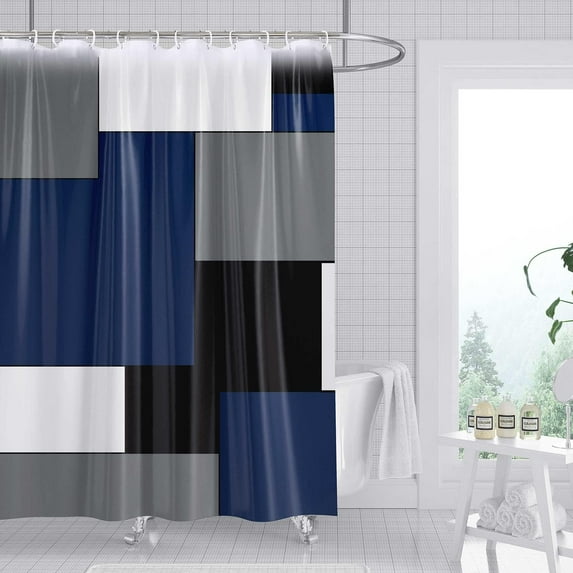 Modern Geometric Shower Curtain Blue and Gray Bathroom Accessories Decor Black Shower Curtain Set with 12 Hooks 72x72 Inches Machine Washable