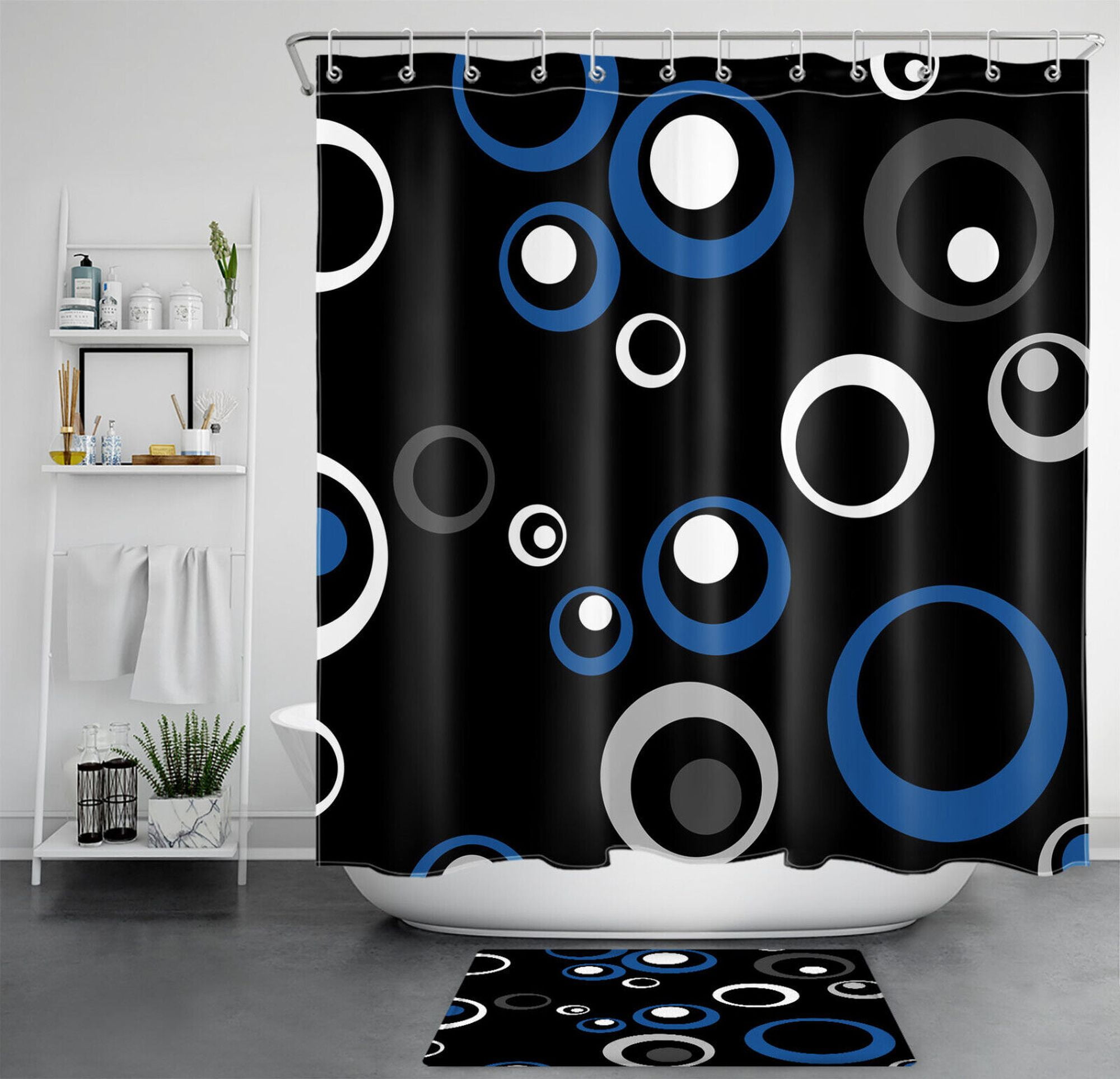 Modern Geometric Shower Curtain Blue and White Abstract Design