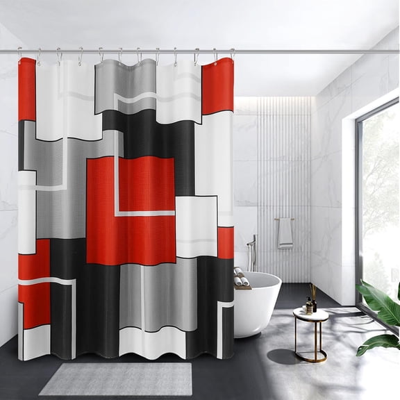 Modern Geometric Shower Curtain China Red, Water Repellent, Polyester Bath Curtain for Bathroom, Textured Fabric Curtain Set with 12 Hooks, Machine Washable, 72 x 72 inch