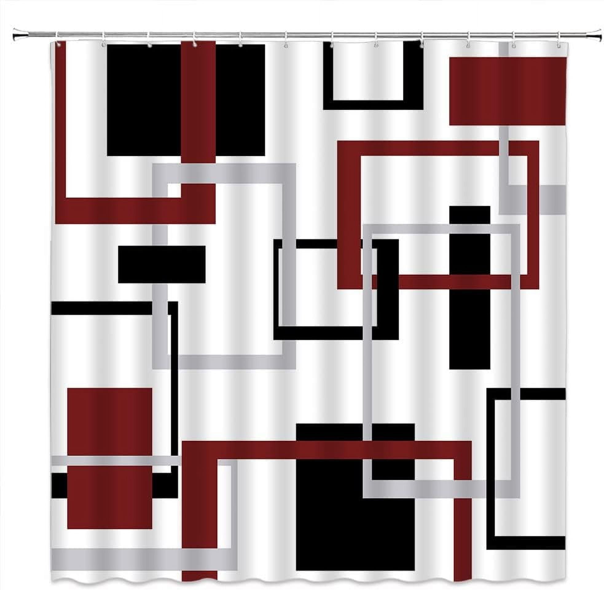 Modern Geometric Shower Curtain Set - Red Gray Black Abstract Mid Century Boho Bathroom Decor With Hooks, 70x84 Inches