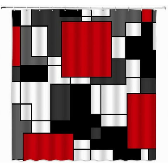 Modern Geometric Shower Curtain Red Gray Black Geometric Abstract Mid Century Boho Fashion Home Fabric Bathroom Decor Set Include Hooks,(70" Wx84 H)