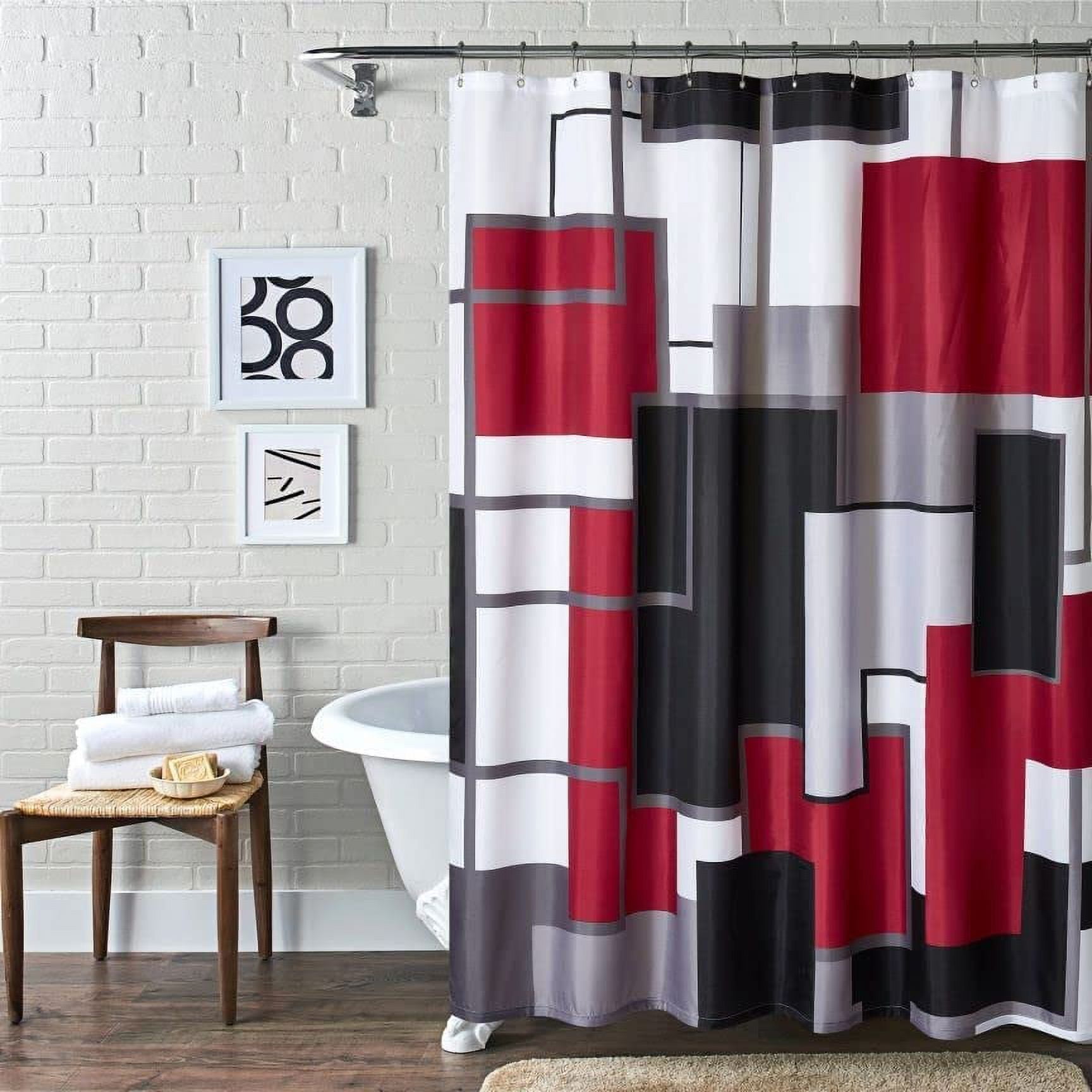 Modern Geometric Shower Curtain Red,RED and Black White Waterproof Shower Curtain Set for Bathroom Restroom with 12 Metal Hooks, 72 x 84 inch
