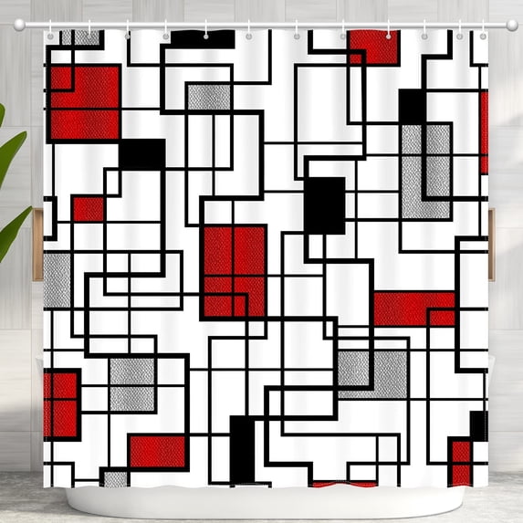 Modern Geometric Shower Curtain, Red and White Plaid Shower Curtain for Bathroom with 12 Hooks, Polyester Textured Fabric Washable Shower Curtains Sets Decorative Waterproof Bath Curtain, Checkered