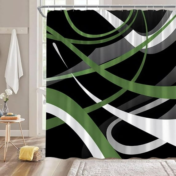 Modern Geometric Shower Curtain Sage Green Black Gray Abstract Boho Geometric Stripes Aesthetic Vintage Mid Century Farmhouse Fashion Bathroom Decor Curtain With Hooks 54"W x 72"L