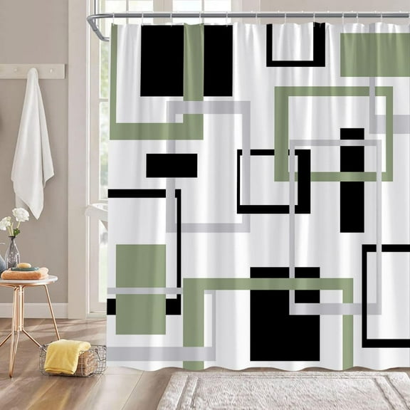 Modern Geometric Shower Curtain Sage Green Gray Black Abstract Boho Geometric Aesthetic Vintage Mid Century Farmhouse Fashion Fabric Bathroom Decor Curtain with Hooks 36"W x 72"L (Pack of 1)