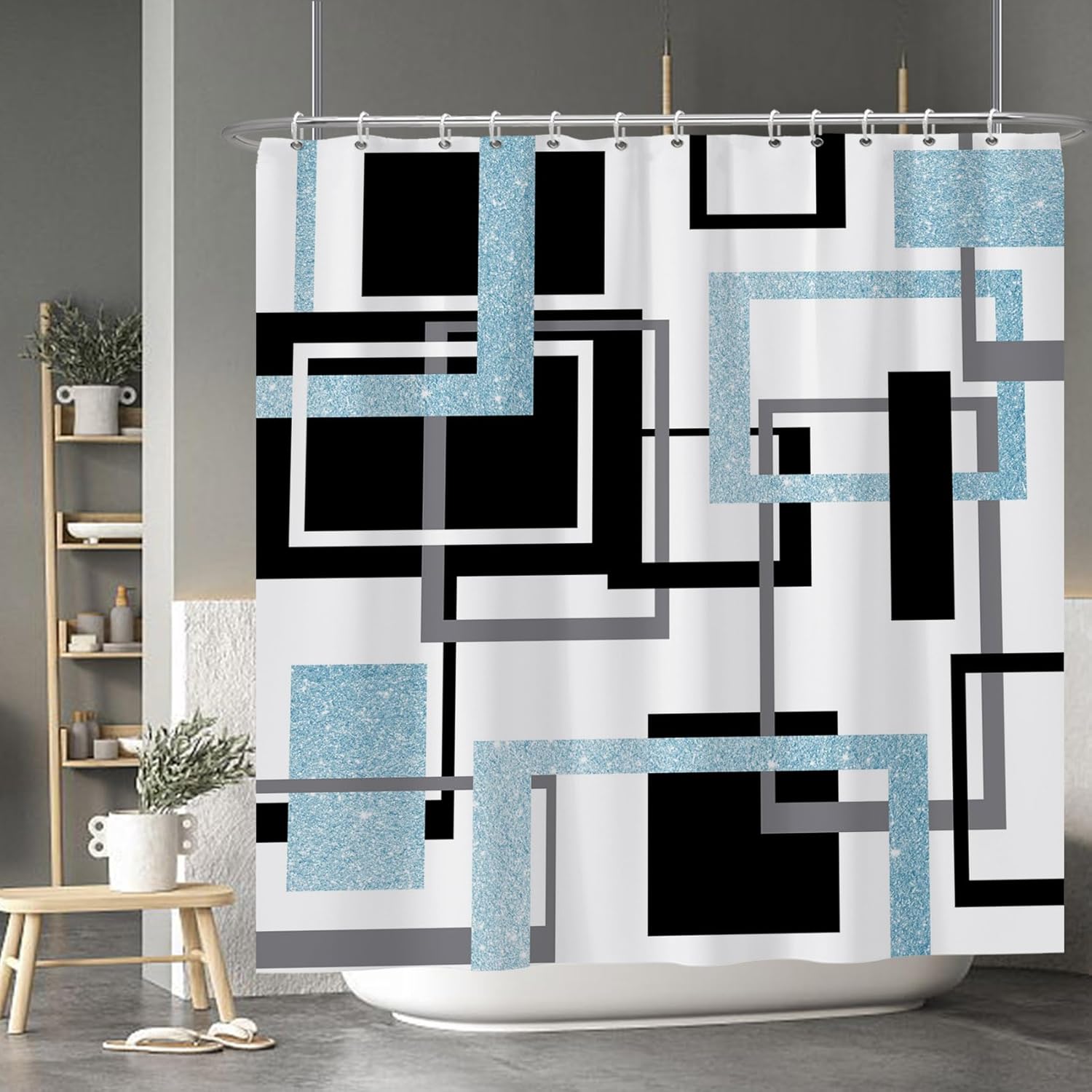 Modern Geometric Shower Curtain Sets Black White Blue Shower Curtain for Bathroom Geometry Squares Abstract Minimalism Bath Curtain Waterproof Durable Shower Curtain with Hooks 72x72 Inches