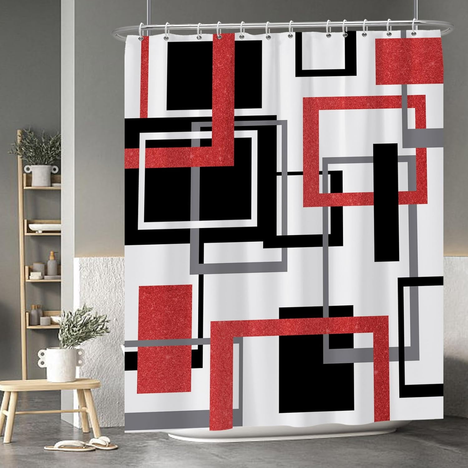 Modern Geometric Shower Curtain Sets Black White Red Shower Curtain for Bathroom Geometry Squares Abstract Minimalism Bath Curtain Waterproof Durable Shower Curtain with Hooks 72x84 Inches