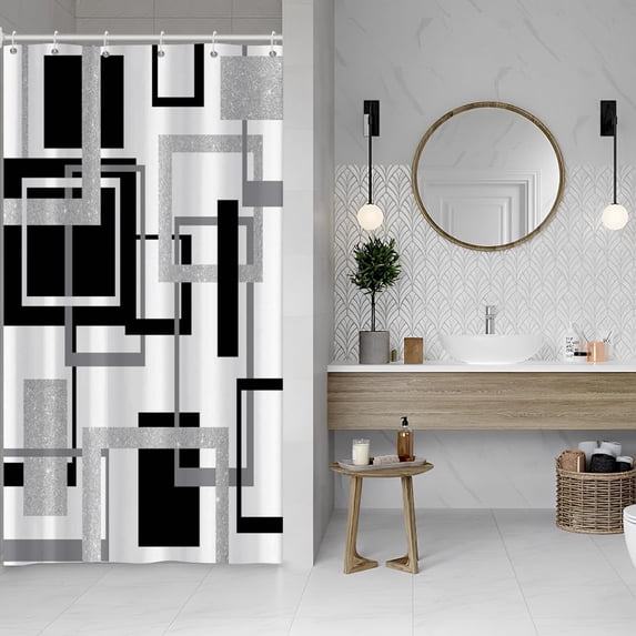 Modern Geometric Shower Curtain Sets White Grey Shower Curtain for Bathroom Geometry Squares Abstract Sliver Minimalism Shower Curtain for Hostel Hotel Bathroom Decor with Hooks 36x72 Inches