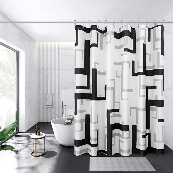 Modern Geometric Shower Curtains Blue, Water Repellent, Polyester Bath Curtain for Bathroom, Textured Fabric Curtain Set with 12 Hooks, Machine Washable