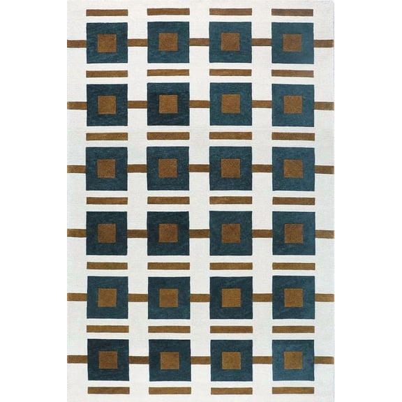 Modern Geometric Square Pattern Area Rug 4×6 ft – Hand Tufted 100% New Zealand Wool Carpet with Blue & Brown Grid Design – Soft Indoor Rug for Living Room, Bedroom & Office