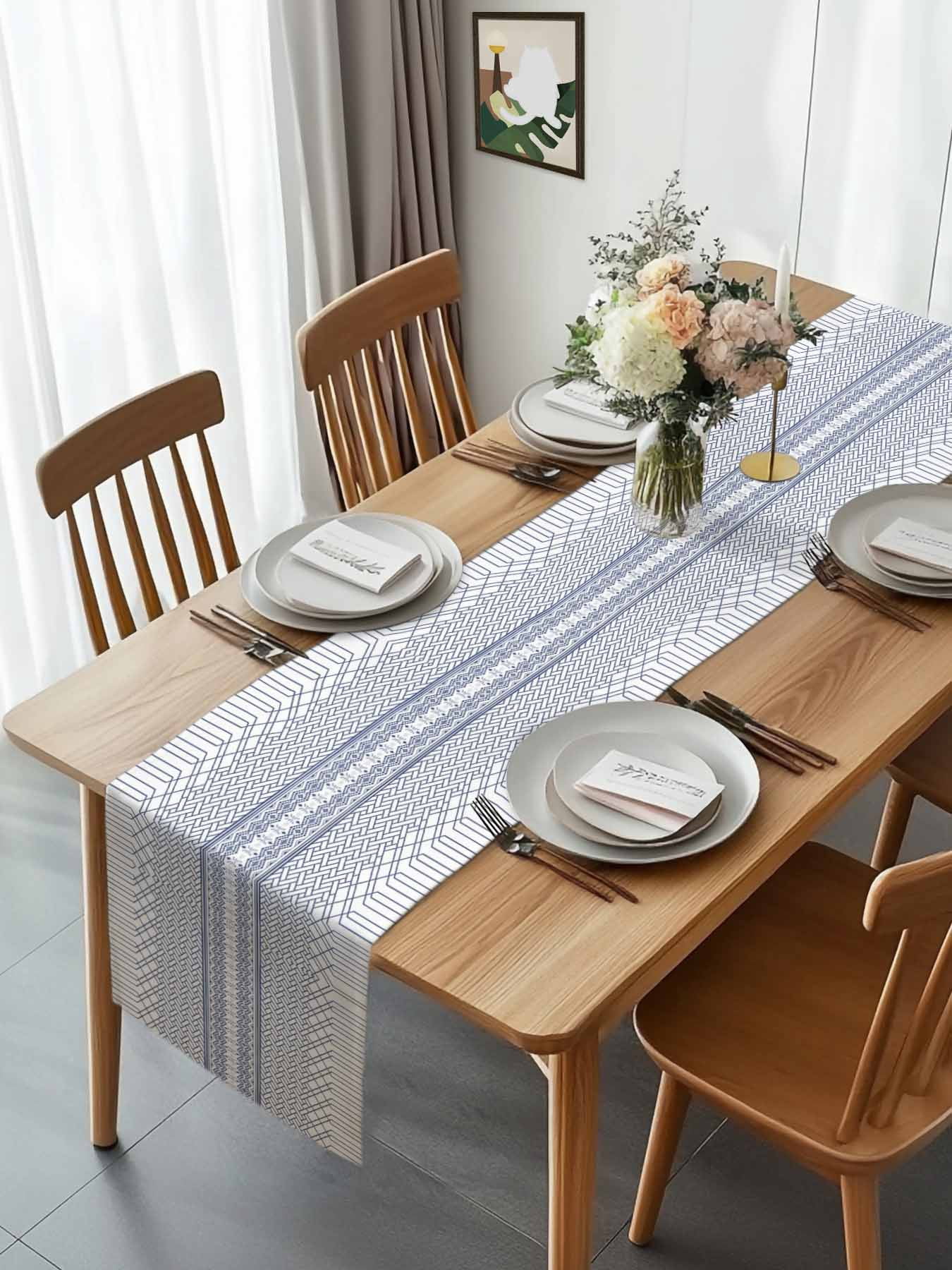 Modern Geometric Stripe Art Table Runner 90 Inches Long, Minimalist Blue Ombre on White Table Runners Tabletop Scarf Kitchen Dining Tables Decoration for Home Party Indoor Outdoor
