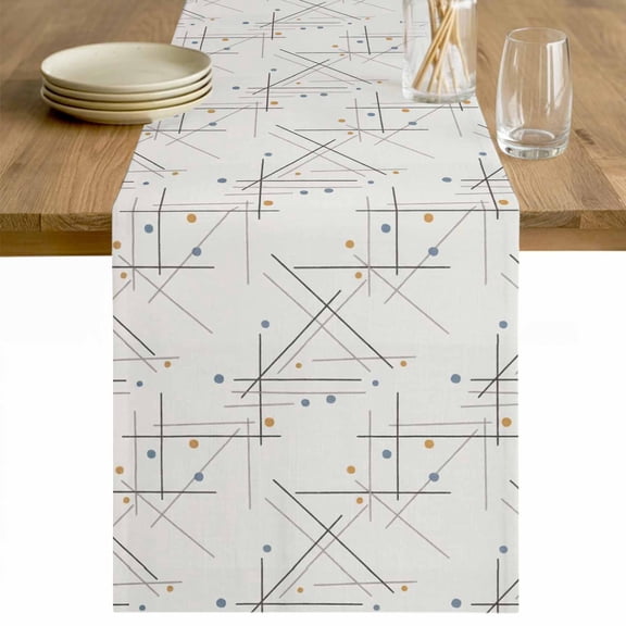 Modern Geometric Table Runner - 36 Inch Long Minimalist Lines Polka Dots Abstract Beige Cotton and Linen Blended Dress Scarves Farmhouse Table Runner for Kitchen Dining, Coffee Table, 13" x 36"