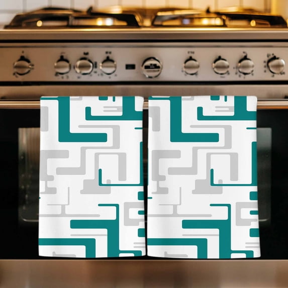Modern Geometric Teal Kitchen Towels Set of 3, Abstract Minimalist Artwork Lines Absorbent Dish Towels for Kitchen, Microfiber Hand Towel, Quick Drying Tea Towel for Cleaning Decorative Dishcloths