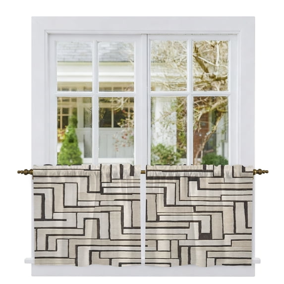 Modern Geometric Tier Curtains 36 Inch Length, Abstract Minimalist Pattern Boho Beige Cafe Short Curtains for Bathroom Over Sink, Small Kitchen Curtain Light Filtering Drapes 2 Panels 27.5"Wx36"L