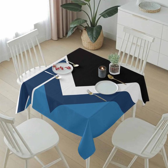 Modern Geometric Triangle Stripes Table Cloth 54x54in, Waterproof Square Tablecloth Wipeable Tablecloths Black Blue White Color Block Table Covers for Dining Tables Party Indoor Outdoor