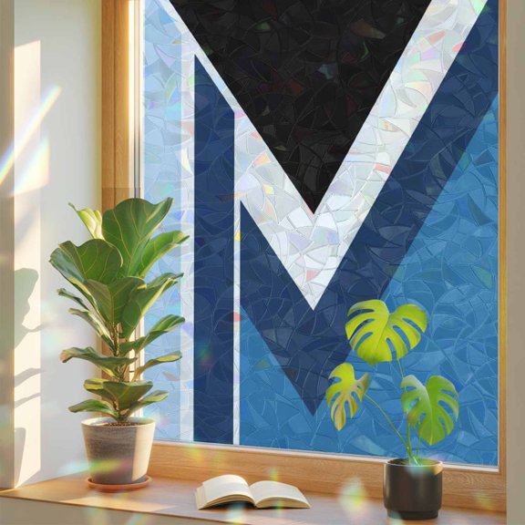 Modern Geometric Triangle Stripes Window Privacy Film, Rainbow Film Decorative Window Sticker 17.7x39.3in, Black Blue White Color Block Sun Blocking Static Stained Glass Cling Tint Non-Adhesive