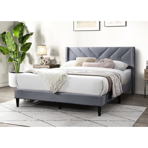 Modern Geometric Velvet Bed | Queen Size for Bedroom, Streamlined Design, Comfortable