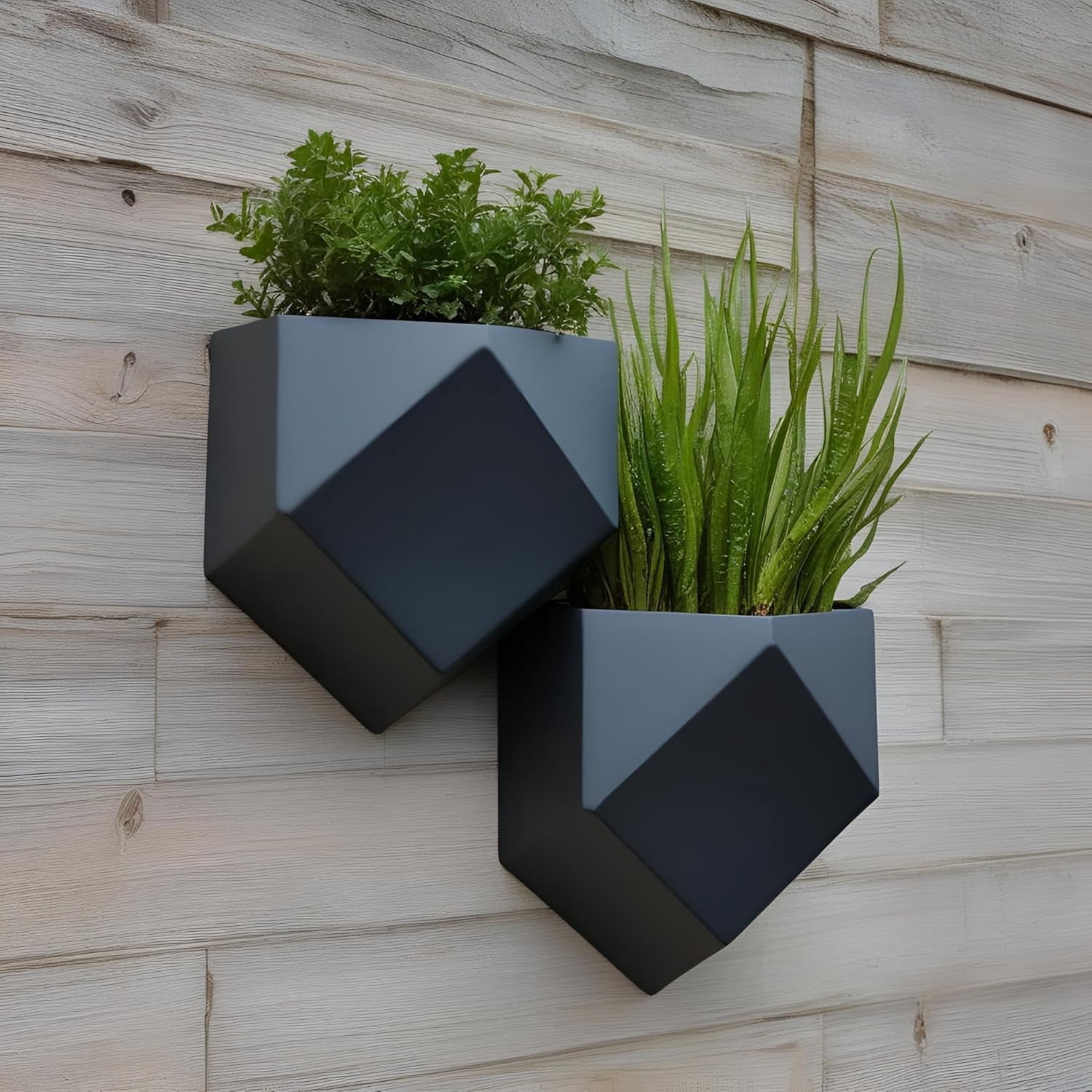 Picture of Modern Geometric Wall Planters – Set of 2 Black Matte Hanging Planters ...