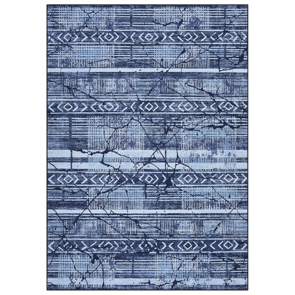 Modern Geometric Washable Area Rug, Non-Slip Low Pile Marble Floor Cover Foldable Accent Carpet for Living Room Bedroom Kitchen