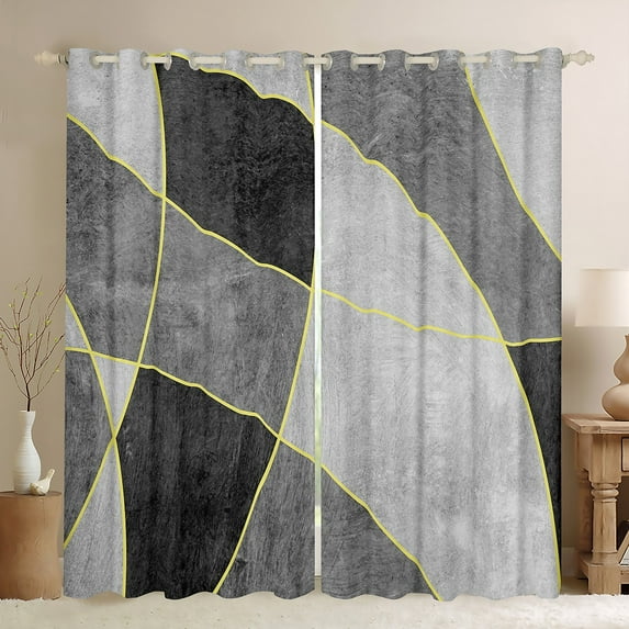 Modern Geometric Window Curtains 52"Wx84"L Grunge Black White Grey Geometry Curtains For Teen Bedroom Abstract Gold Lines Window Curtains Irregular Graphic Window Treatments 2 Panels