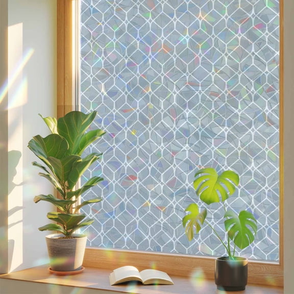 Modern Geometric Window Privacy Film, Grey Color Blocks Abstract Cube Simple Stained Glass Rainbow Film Decorative Window Clings, Static Cling Sun Blocking Stickers 23.6" x 59"