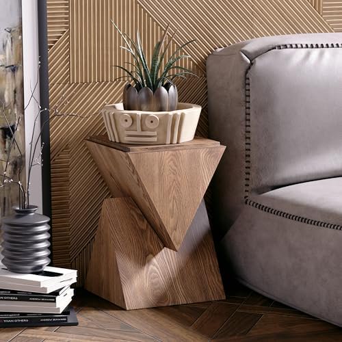 Modern Geometric Wood Grain End Table with Structural Design, Farmhouse Side Table with Sculptural Pedestal Base for Living Room, Bedroom, Office, Fully Assembled (Natural)$$Furniture