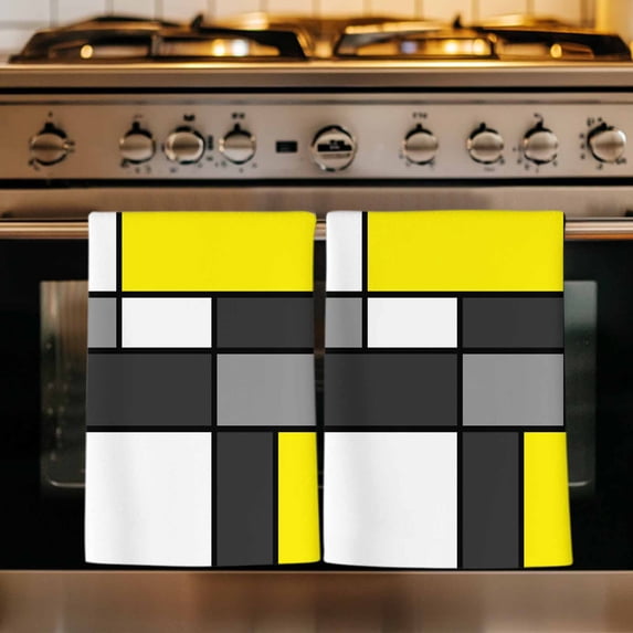Modern Geometric Yellow Black Kitchen Towels Set of 3, Abstract Minimalist Blocks Absorbent Dish Towels for Kitchen, Microfiber Hand Towel, Quick Drying Tea Towel for Cleaning Decorative Dishcloths