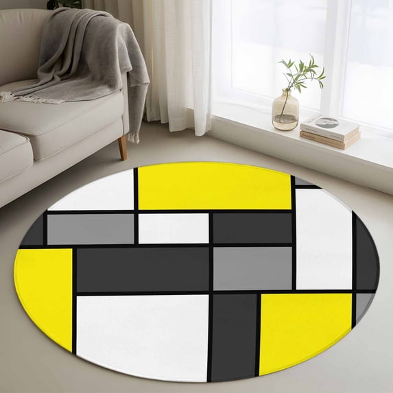 Modern Geometric Yellow Black Round Area Rug 4Ft Washable Circle Rugs for Bedroom Dining Room, Abstract Minimalist Blocks Non-Slip Carpet Floor Mats Indoor Outdoor Carpet Runner Aesthetic Home Decor
