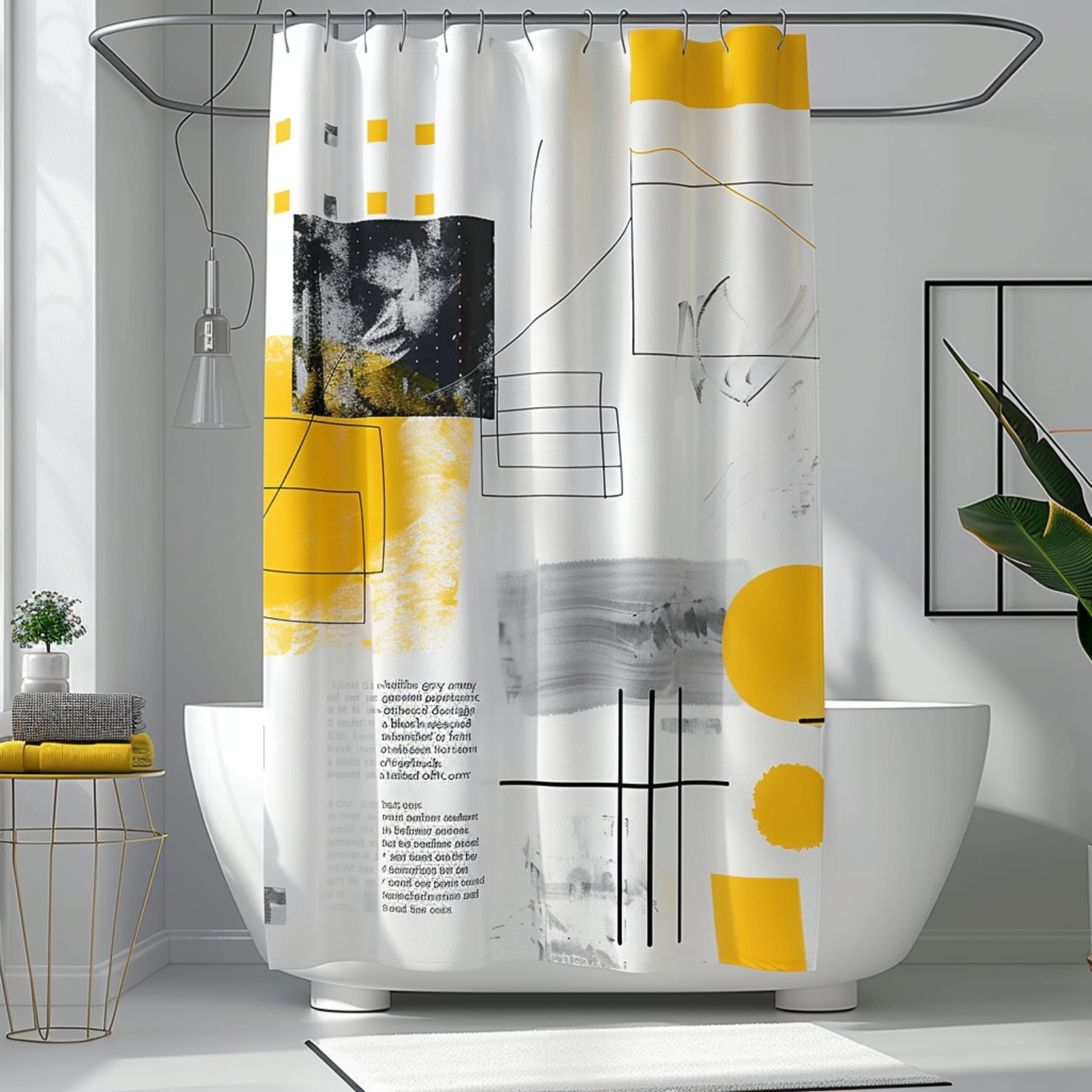 Modern Geometric Yellow Gray White Shower Curtain with Abstract Design