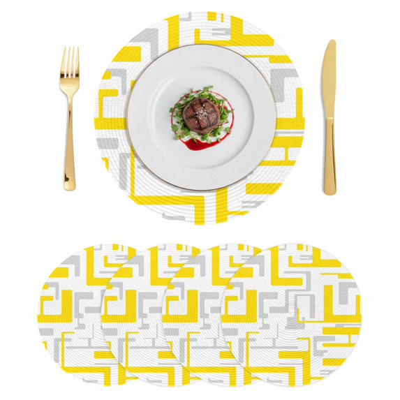 Modern Geometric Yellow Round 13 Inch Placemats Set of 4, Abstract Minimalist Artwork Lines HeatResistant Non Slip Place Mats for Dining Table, Wipeable Braided Kitchen Table Mats for Housewarming