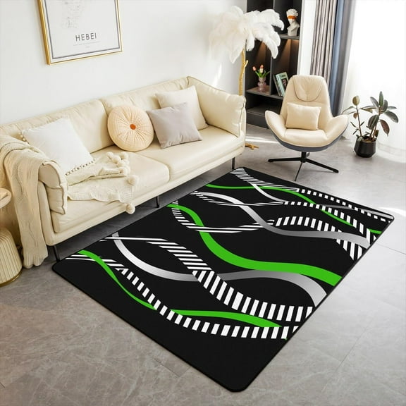 Modern Geometry Area Rug,Abstract Green Gray Wavy Lines Stripes Rugs For Living Room Bedroom,Simple Style Ombre Black Decorative Rug For Living Room Bedside 3x4ft