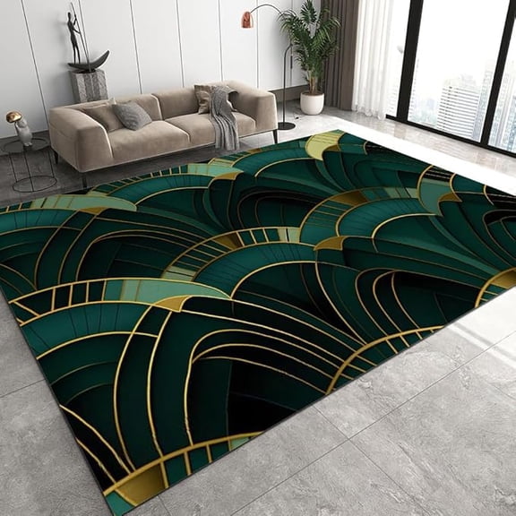 Modern Geometry Area Rug, Dark Green Background Luxury Golden Lines Texture Living Room Rug, Soft Low Pile Easy Clean Non-Slip Carpet For Bedroom Nursery Kitchen Office 4 x 5ft