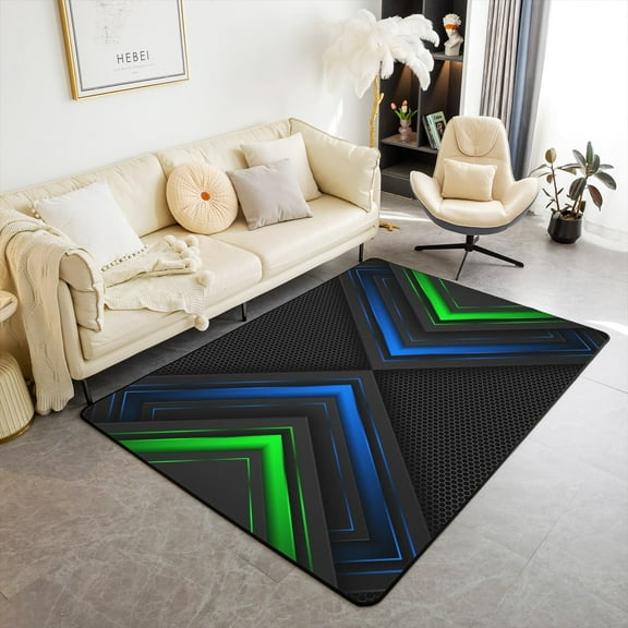 Modern Geometry Area Rug,Neon Blue Green Stripes Honeycomb Rugs For Bedroom Playroom Bedside,Minimalism Hexagon Indoor Rug For Home Decor 1x2ft