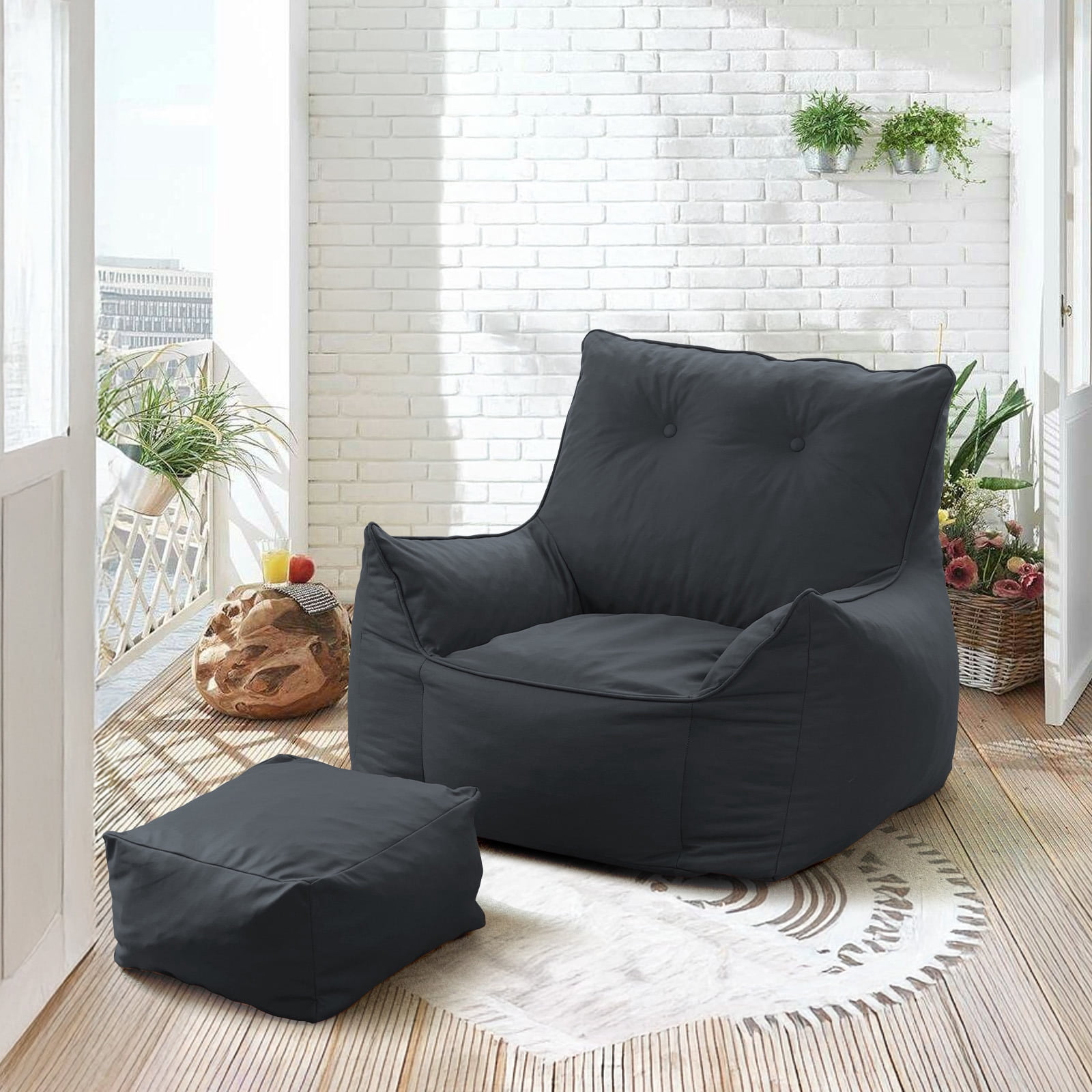 Modern Giant Bean Bag Chair with Ottoman Bean Bag Couch Sofa with Footstool Lounge Large Bean Bag Chairs for Adults Reading Chair for Bedroom Living Room ( Button Type)
