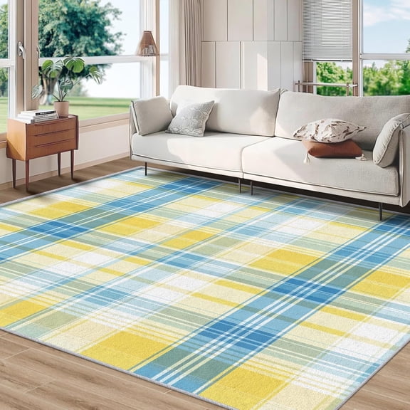 Modern Gingham Check Area Rug, Blue Yellow Plaid Pattern Carpet, Washable Non Slip Low Pile Soft Thin, Living Room Bedroom Kitchen Entryway Home Decor Mat 5x6ft