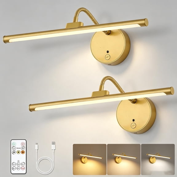 Modern Glam 13.4 in. LED Picture Lights Set of 2 Gold Finish with Rechargeable Battery Remote Control and 3CCT Selectable Rotatable Arm