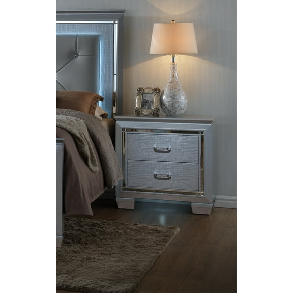 Modern Glam 2-Drawer Nightstand with Built-in Light Silver Crocodile Finish