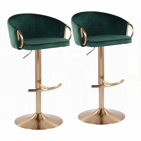 Modern Glam 2-Piece Gold Steel Bar Stools with Green Velvet - Rounded T Footrest
