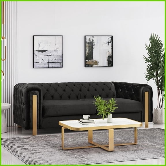 Modern Glam 3-Seat Velvet Sofa with Tufted Back & Gold Legs  Ideal for Living Room