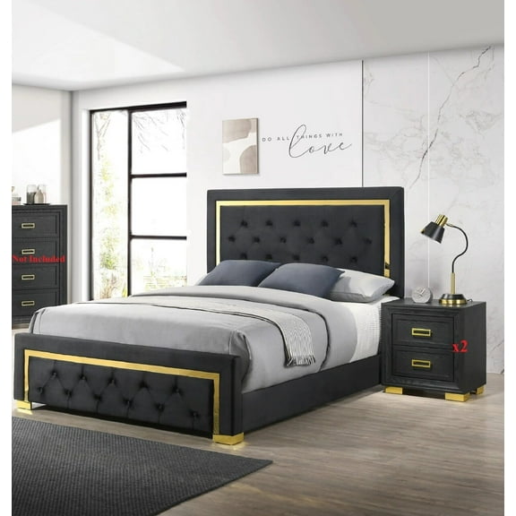Modern Glam 3pc Bedroom Set King Size Panel Bed 2x Nightstand Furniture Gold Black Finish