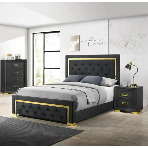 Modern Glam 3pc Bedroom Set King Size Panel Bed Chest Nightstand Furniture Gold Black Finish