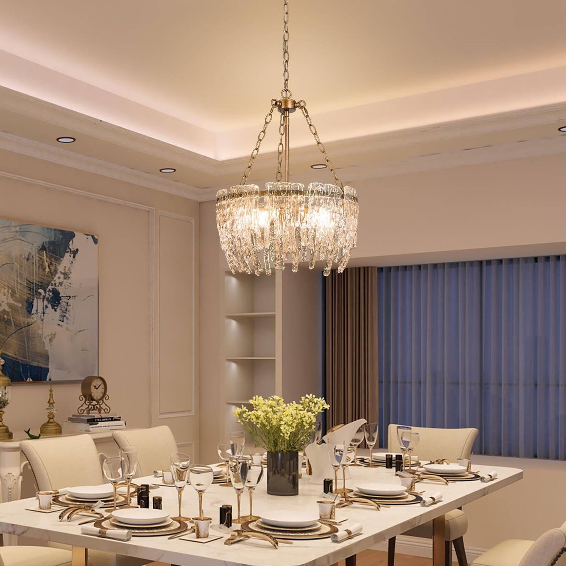 Gold Drum Chandelier with Textured Glass and Brass Finish
