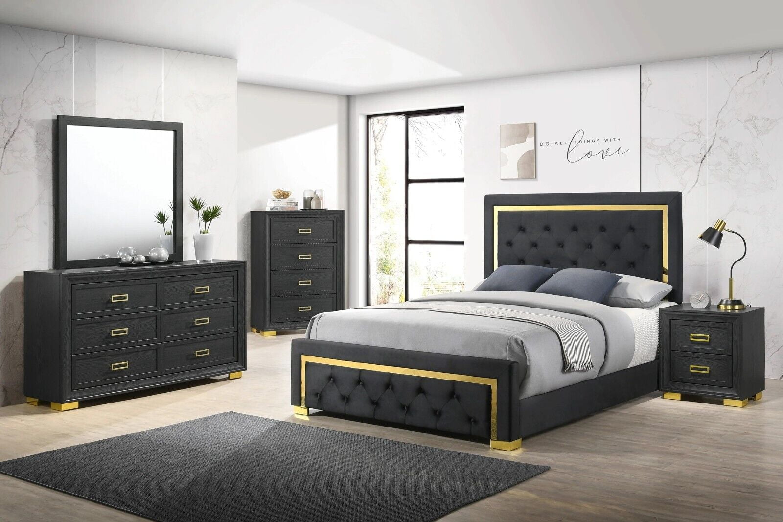 Modern Glam 6pc Bedroom Set Queen Size Panel Bed Furniture Gold Black Finish - Walmart.com