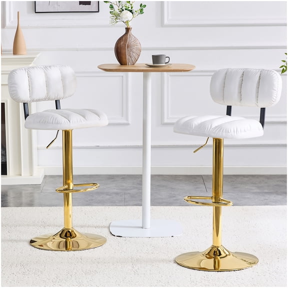 Modern Glam Bar Stools Set of 2, White PU Leather Adjustable Stool with Gold Base for Kitchen Island Counter