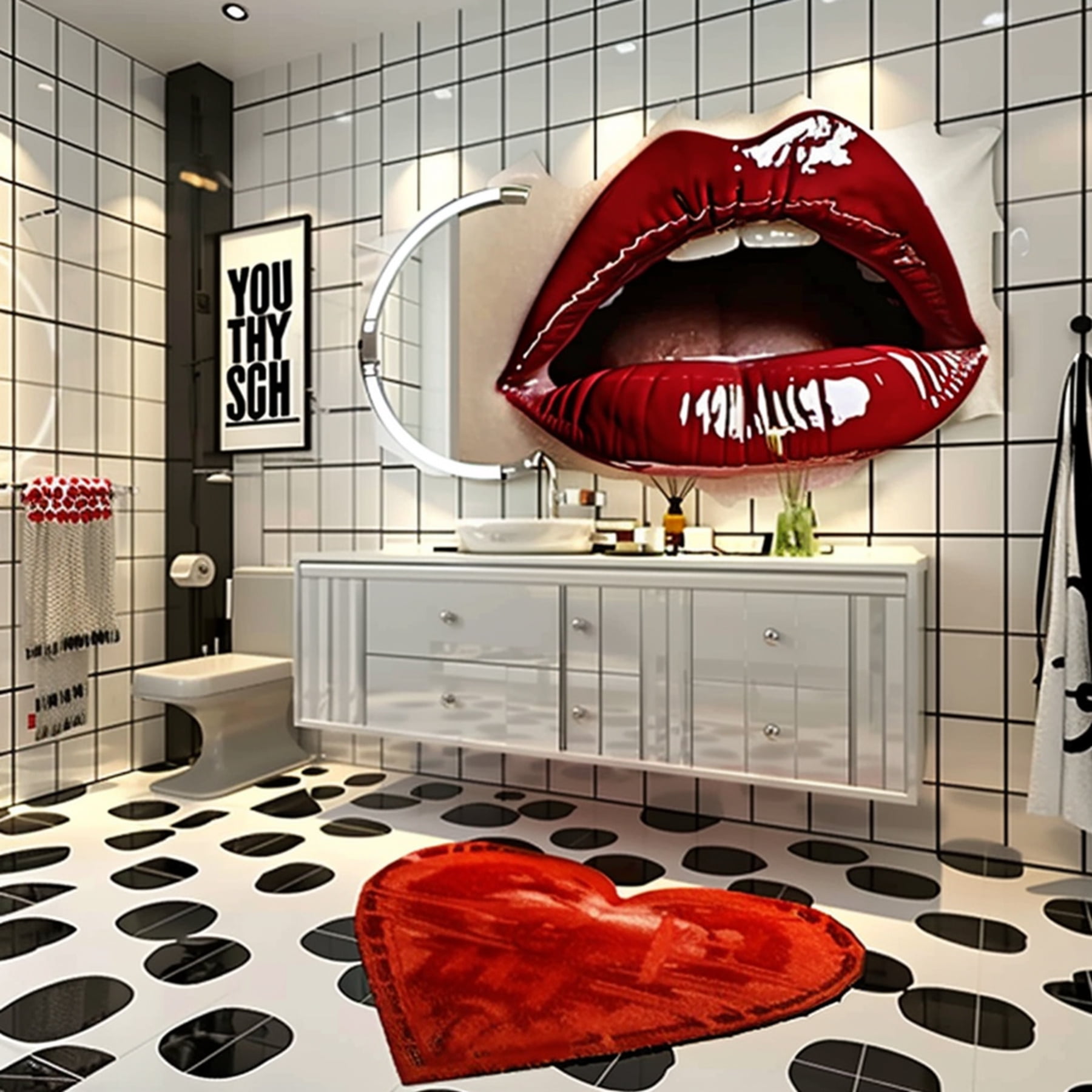 Modern Glam Bathroom Set: Red Lips Mural Checkered Floor White Vanity ...