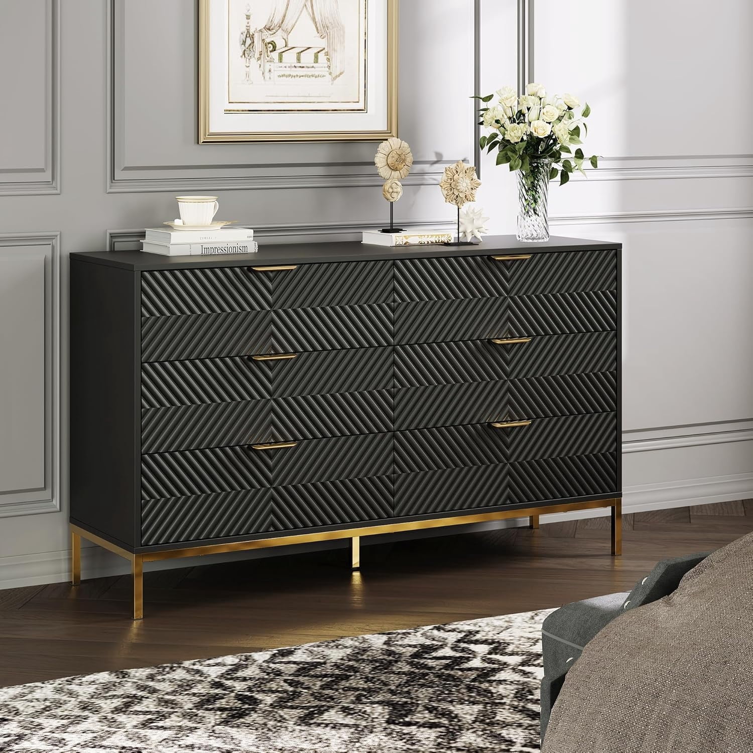 Modern Glam Black 6 Drawer Dresser, 54" Wide Wood Chest of Drawers with  Fluted Chevron Fronts, Gold Metal Handles & Base, Luxury Bedroom Storage  Cabinet for Modern Home - Walmart.com