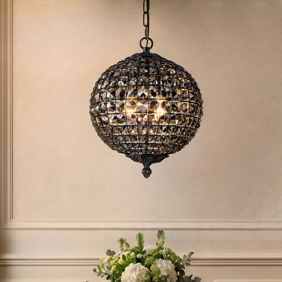 Modern Glam Black Crystal Chandelier 12 Inch, Smoke Crystal Globe Pendant Light Fixture with Adjustable Chain, Luxury Hanging Ceiling Light