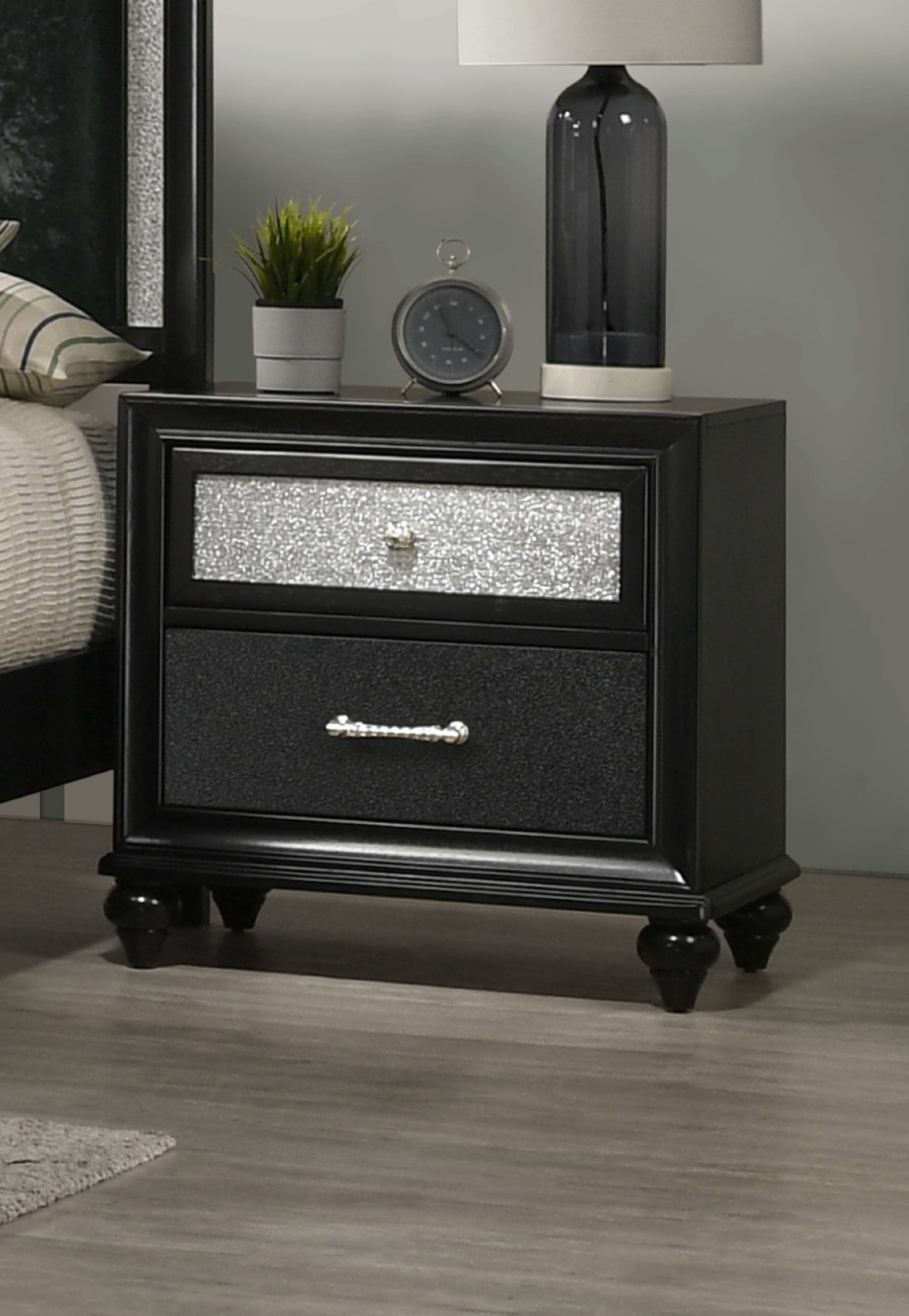 Modern Glam Black & Silver Finish 2-Drawer Wooden Nightstand for